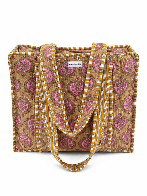 Handgemaakte indiaanse shopper tote bag tas in een vrolijke print met geel en roze en met lang hengsel en ritssluiting