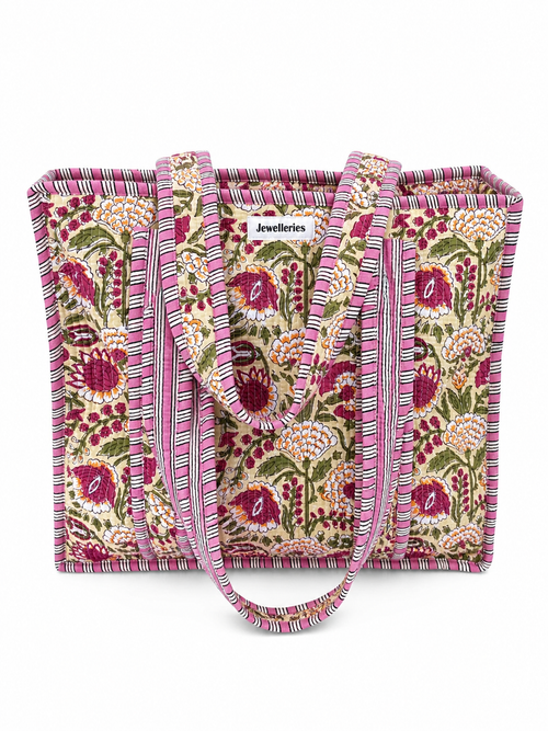 Handgemaakte indiaanse shopper tote bag tas in een vrolijke bloemen print met geel, groen en roze en met lang hengsel en ritssluiting