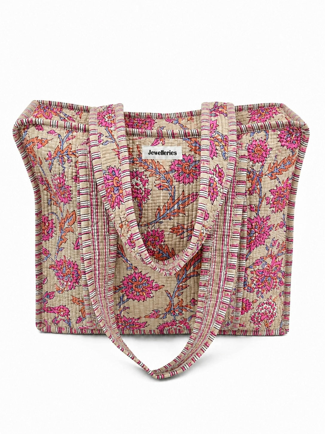 Vrolijke en kleurrijke shopper tas met bloemenprint in het beige met roze bloemen met lang hengsel en ritssluiting. De tas voor werk, school of vakantie. 