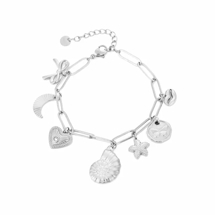 Bedelarmband verschillende trendy bedels zilverkleurig