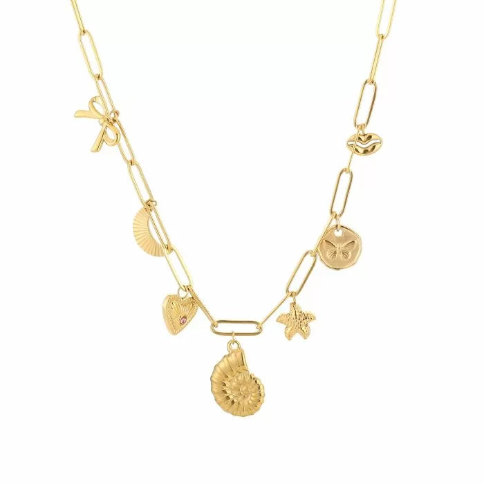 Bedelketting trendy schelp, maan, strik, lipjes, ster en hart bedels goudkleurig