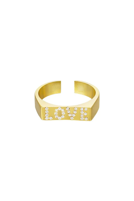 Statement ring in het goud met de tekst love met glitters