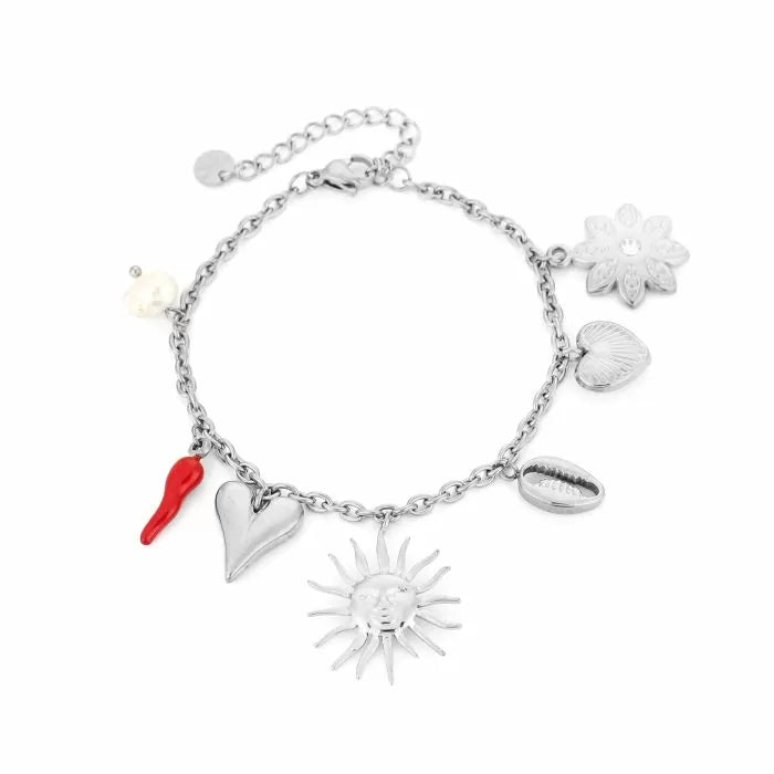 Bedelarmband zilverkleurig peper, bloem, hart en zon