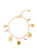 Bedelarmband met bloemen, vlinder en bij en kleuren rood roze in het goud