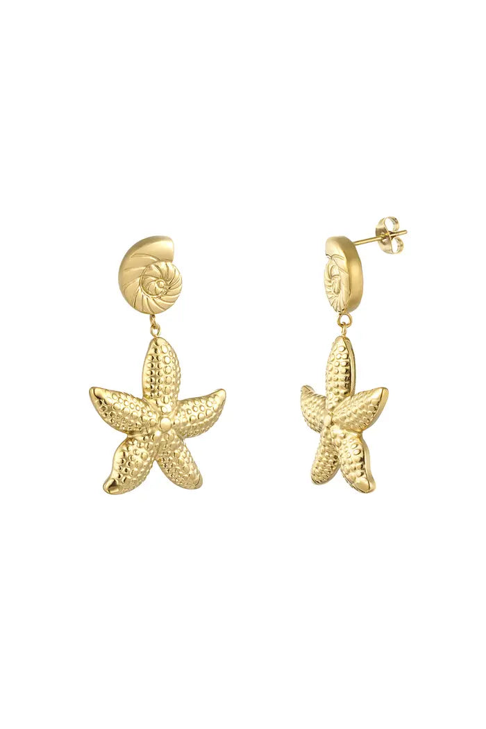 Oorbellen studs zeester en schelp goudkleurig