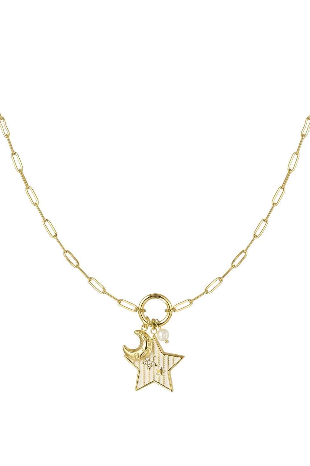Goudkleurige ketting met hanger van ster en maan en parel stainless steel