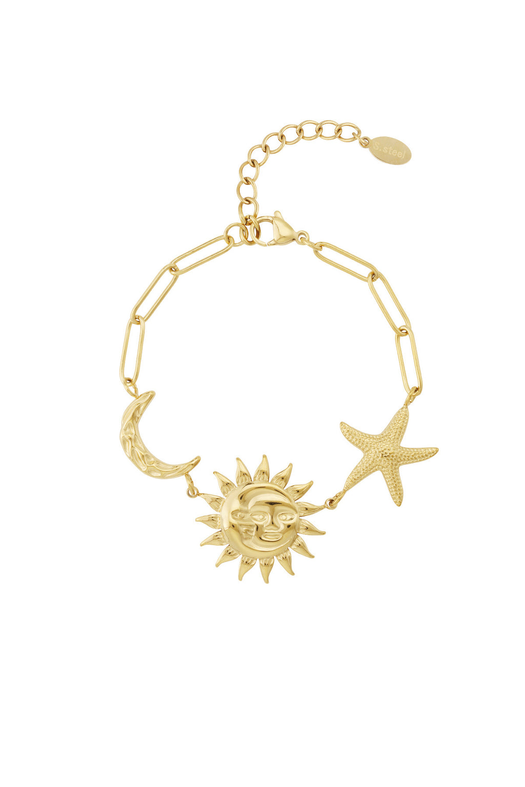 Schakelarmband met bedel van maan, ster en zon in het goud