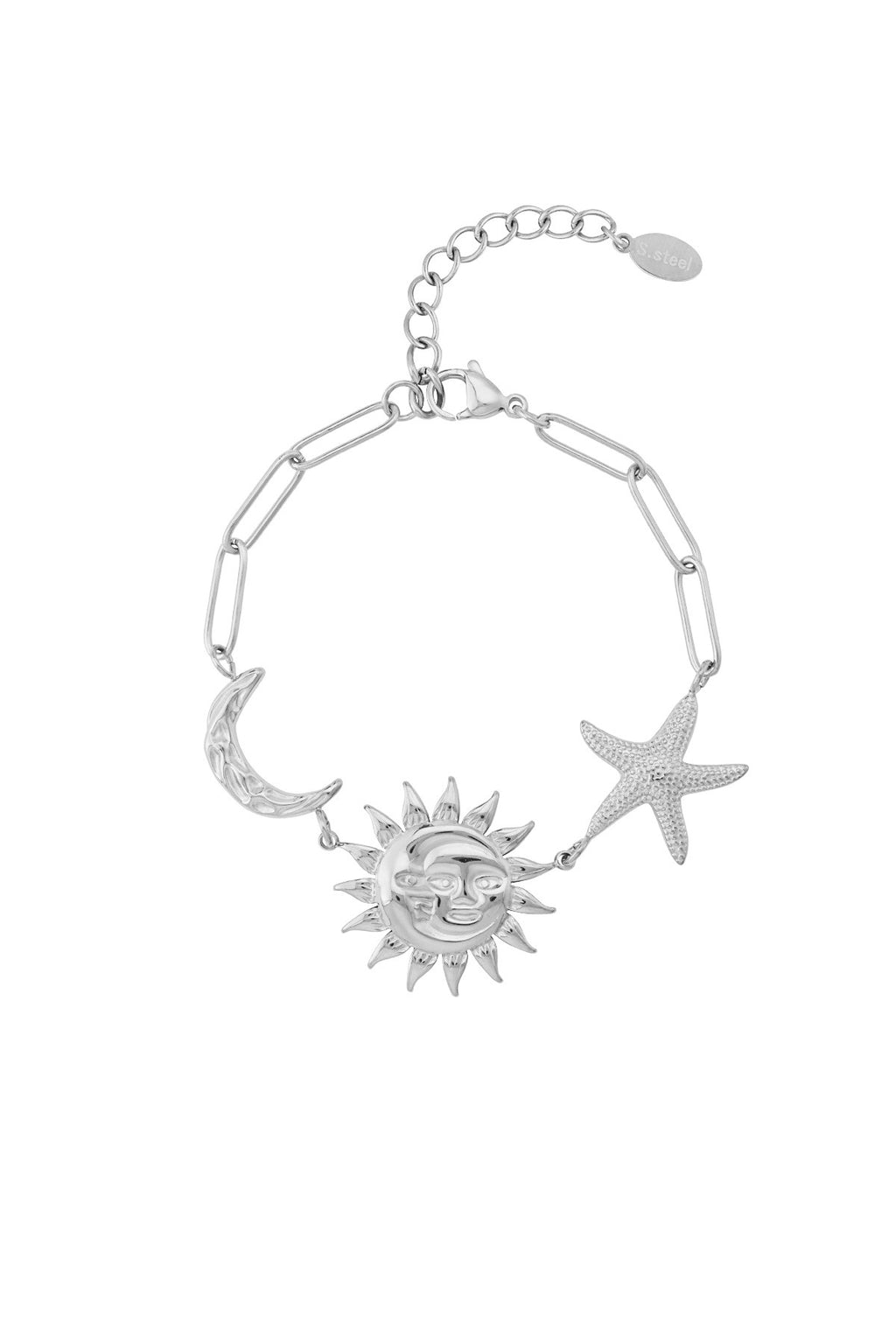 Schakelarmband met bedel van maan, ster en zon in het zilver