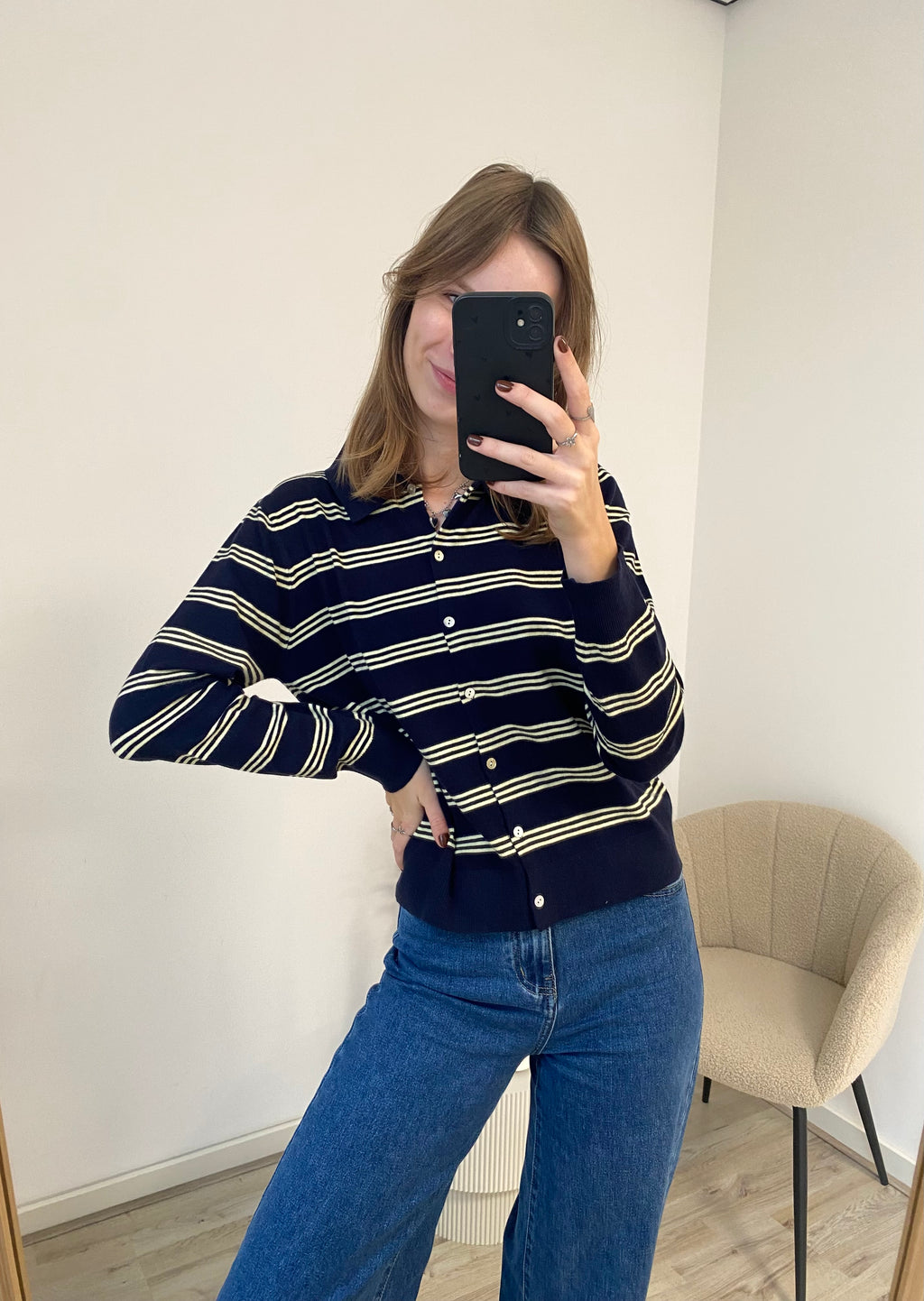 Sweater met polo kraag en strepen in navy en geel