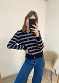 Sweater met polo kraag en strepen in navy en geel