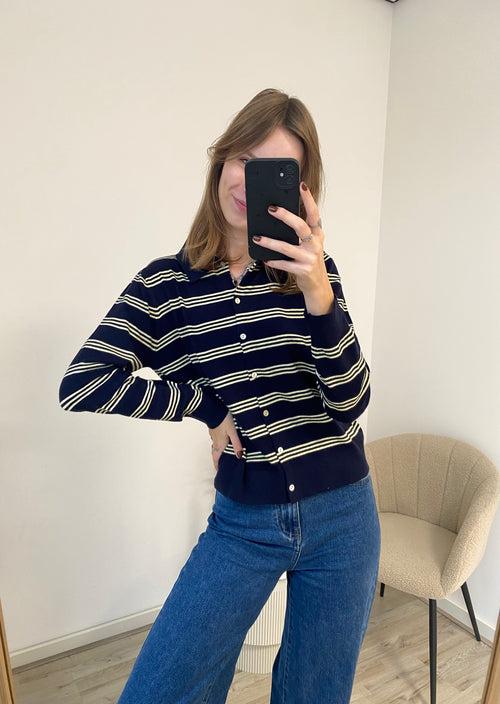 Sweater met polo kraag en strepen in navy en geel