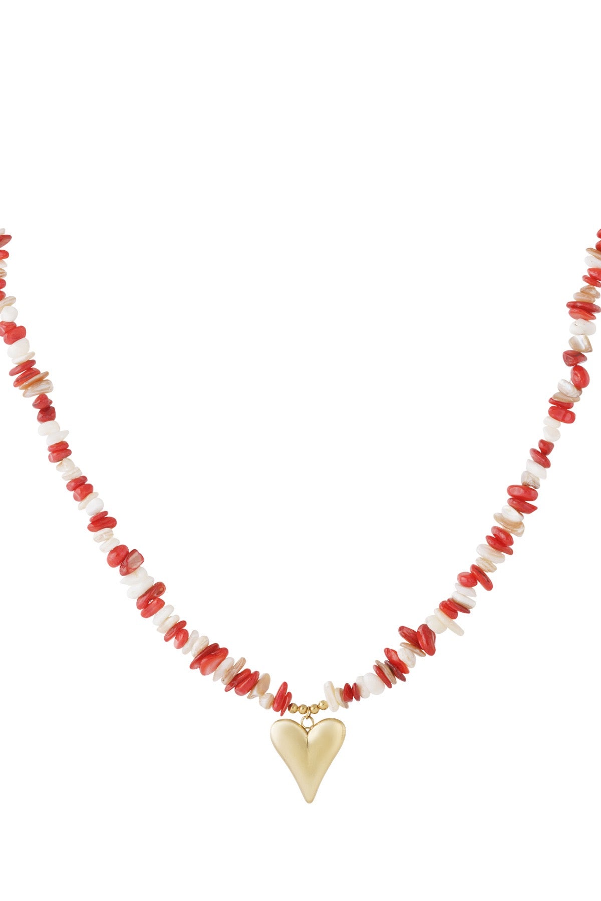 Kralenketting met rode en witte kralen en hart hanger