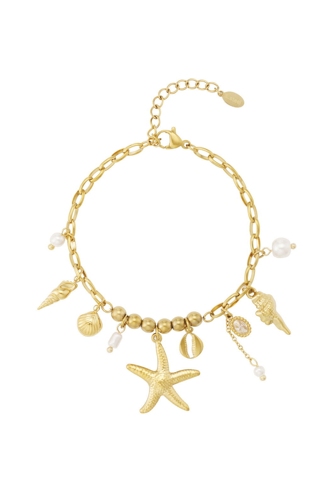 Bedelarmband met zomerse bedels van zeesterren en schelpen in het goud
