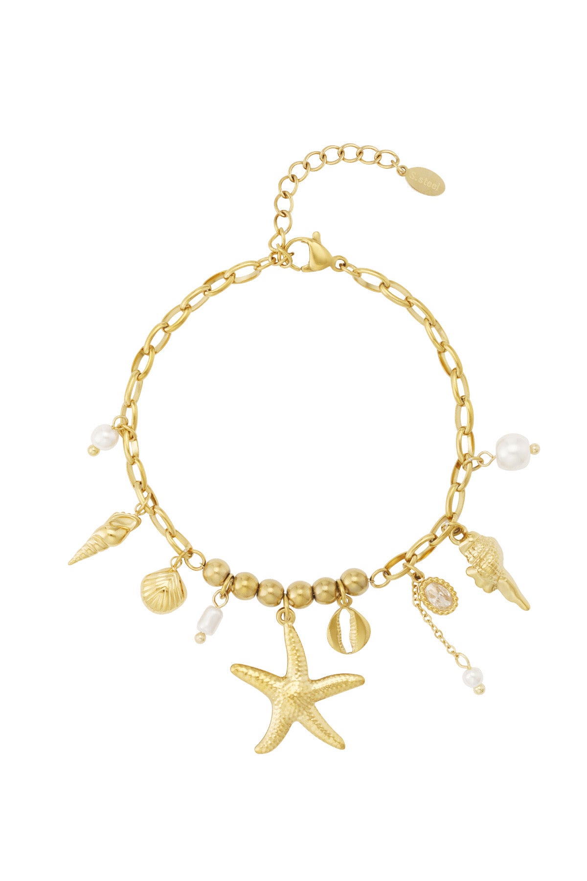 Bedelarmband met zomerse bedels van zeesterren en schelpen in het goud