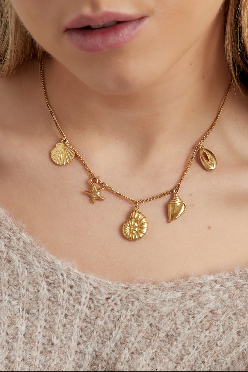 Subtiele ketting met hangers van schelpen goudkleurig