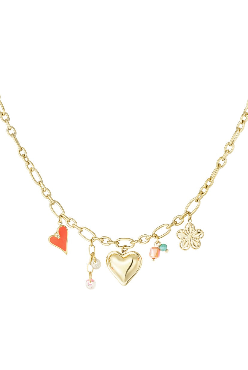 Bedelketting goudkleurig met bedels van harten en bloemen waterproof