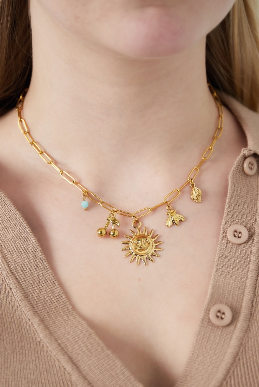 Schakelketting met verschillende bedels in het goud om hals