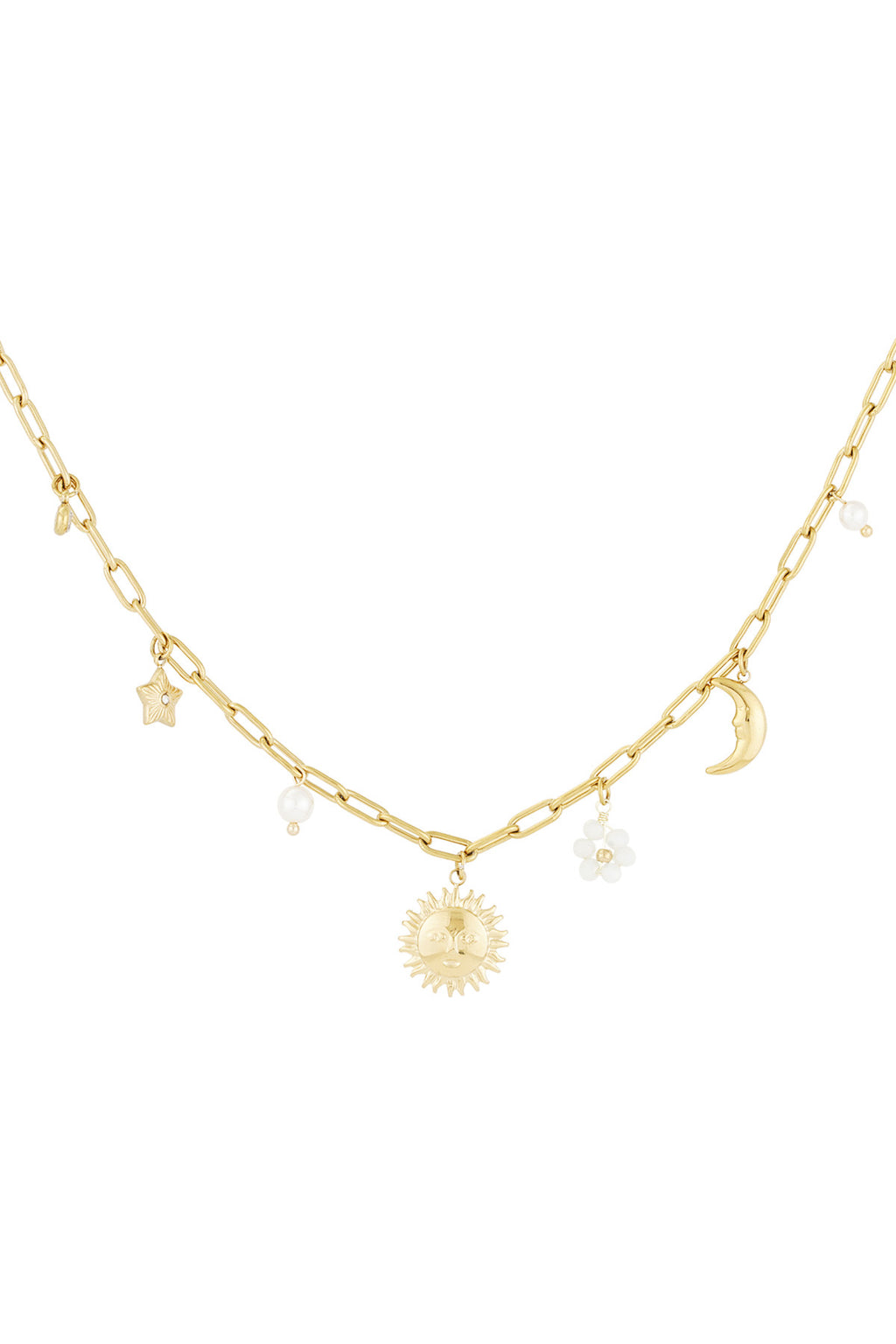 Schakelketting met minimalistische bedels van zon, ster, parel en maan goud