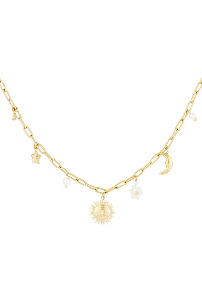 Schakelketting met minimalistische bedels van zon, ster, parel en maan goud