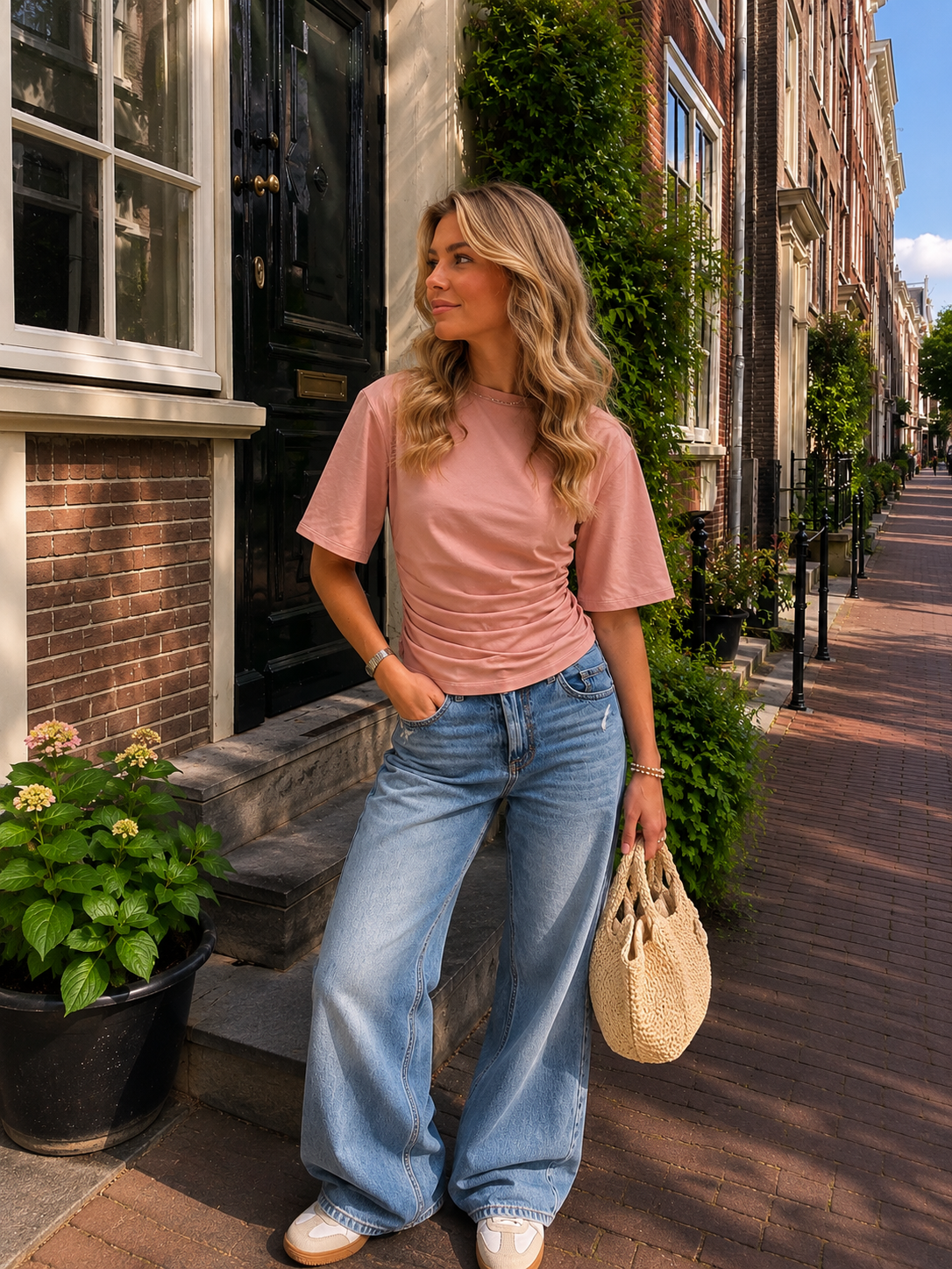 Shirt met korte mouw en getailleerd effect in het roze