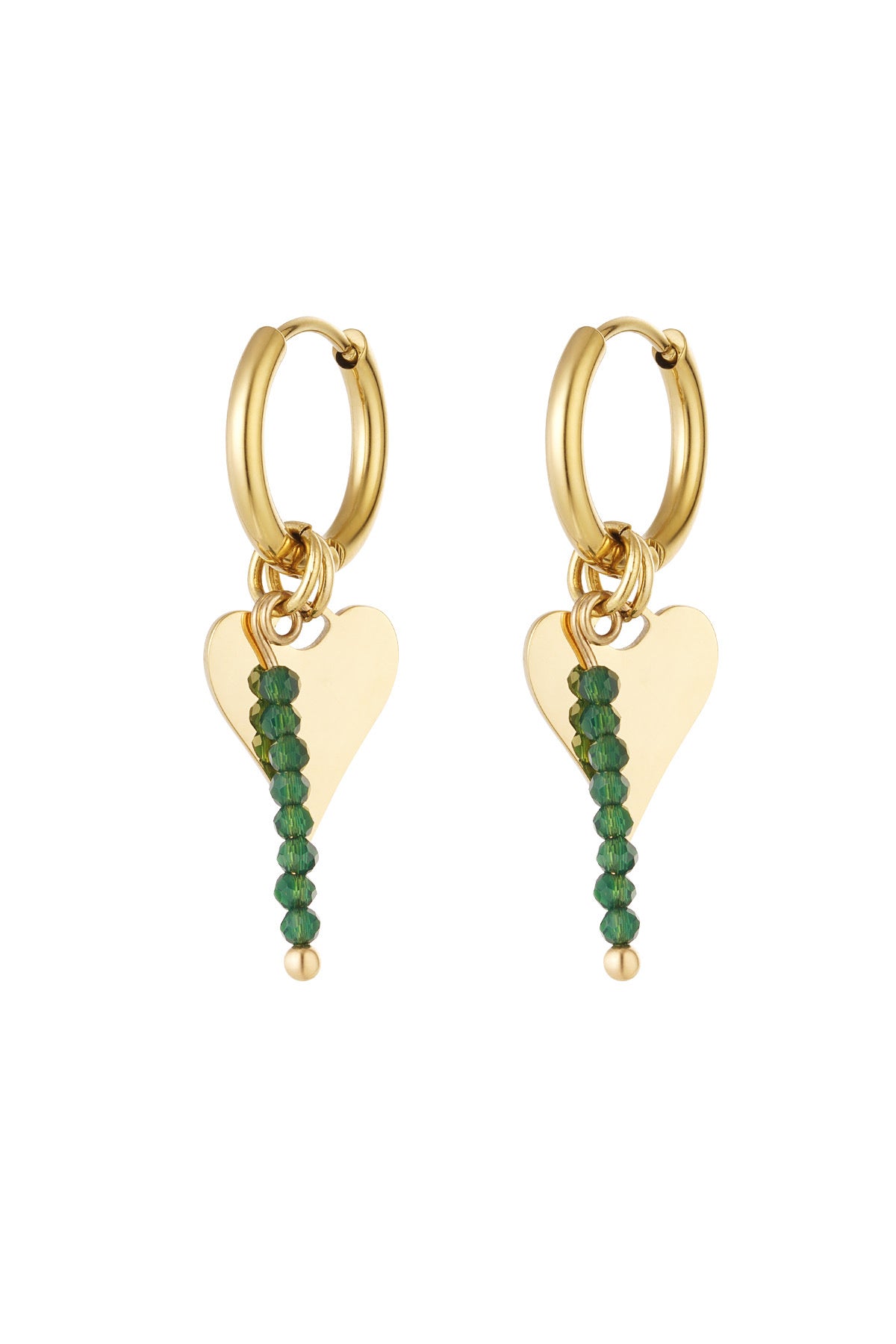 Oorbellen hartjes hangers goudkleurig met groene kralen waterproof