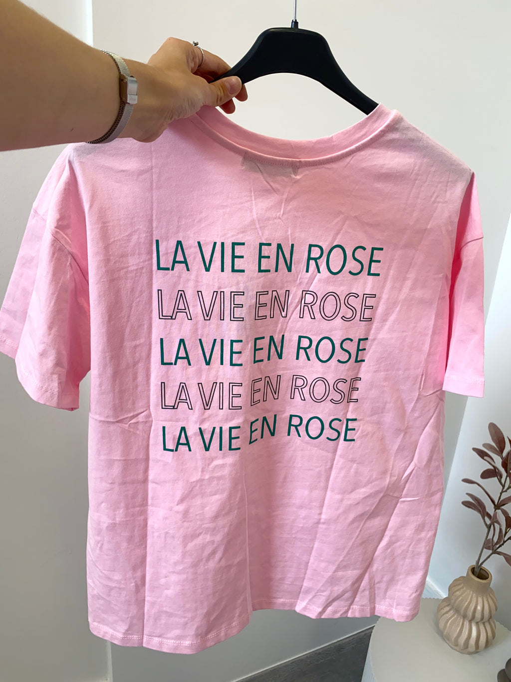 T-shirt met tekst 'la vie en rose' en backprint met korte mouw in het roze