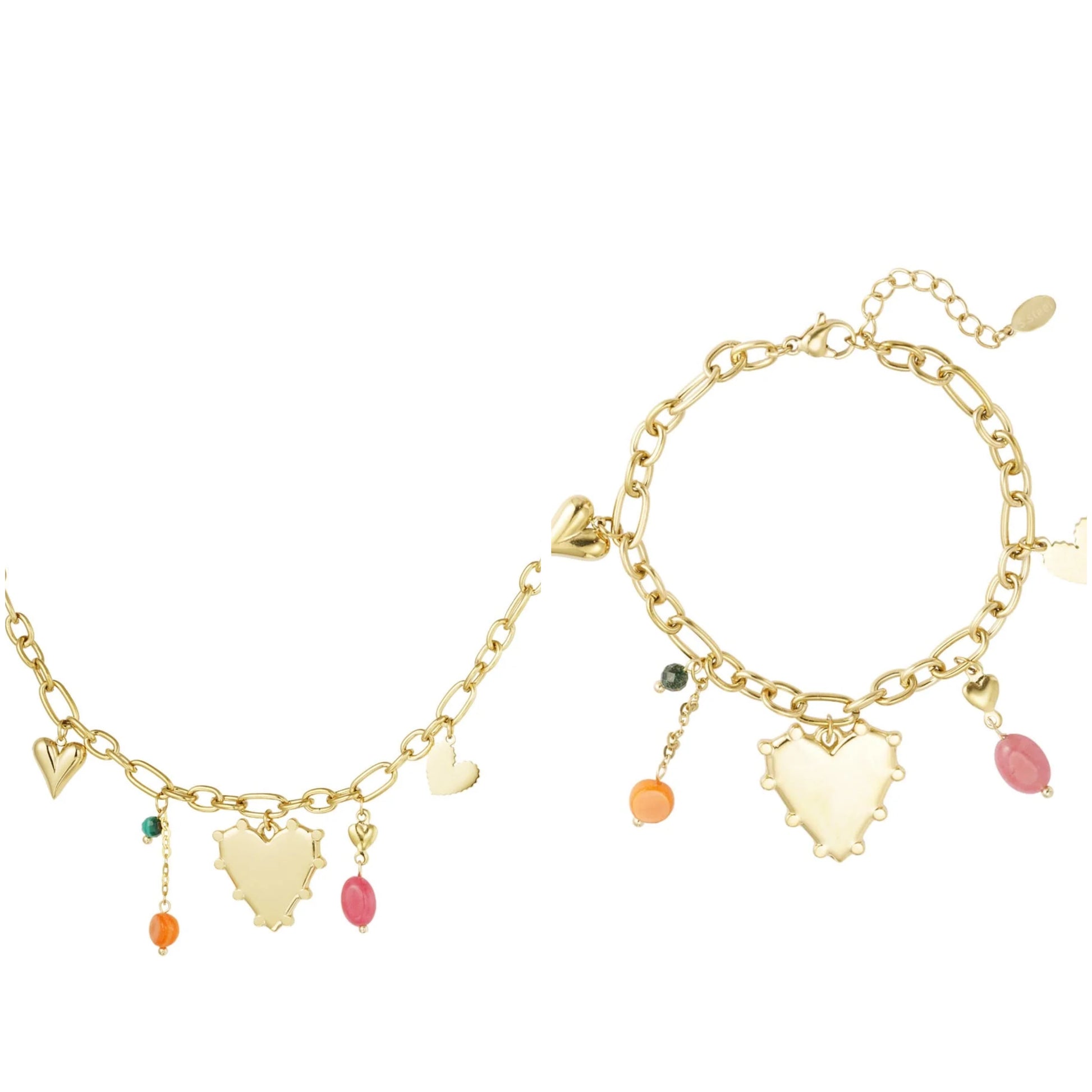 Statement bedelketting en bedelarmband goud met hartjes en kleur