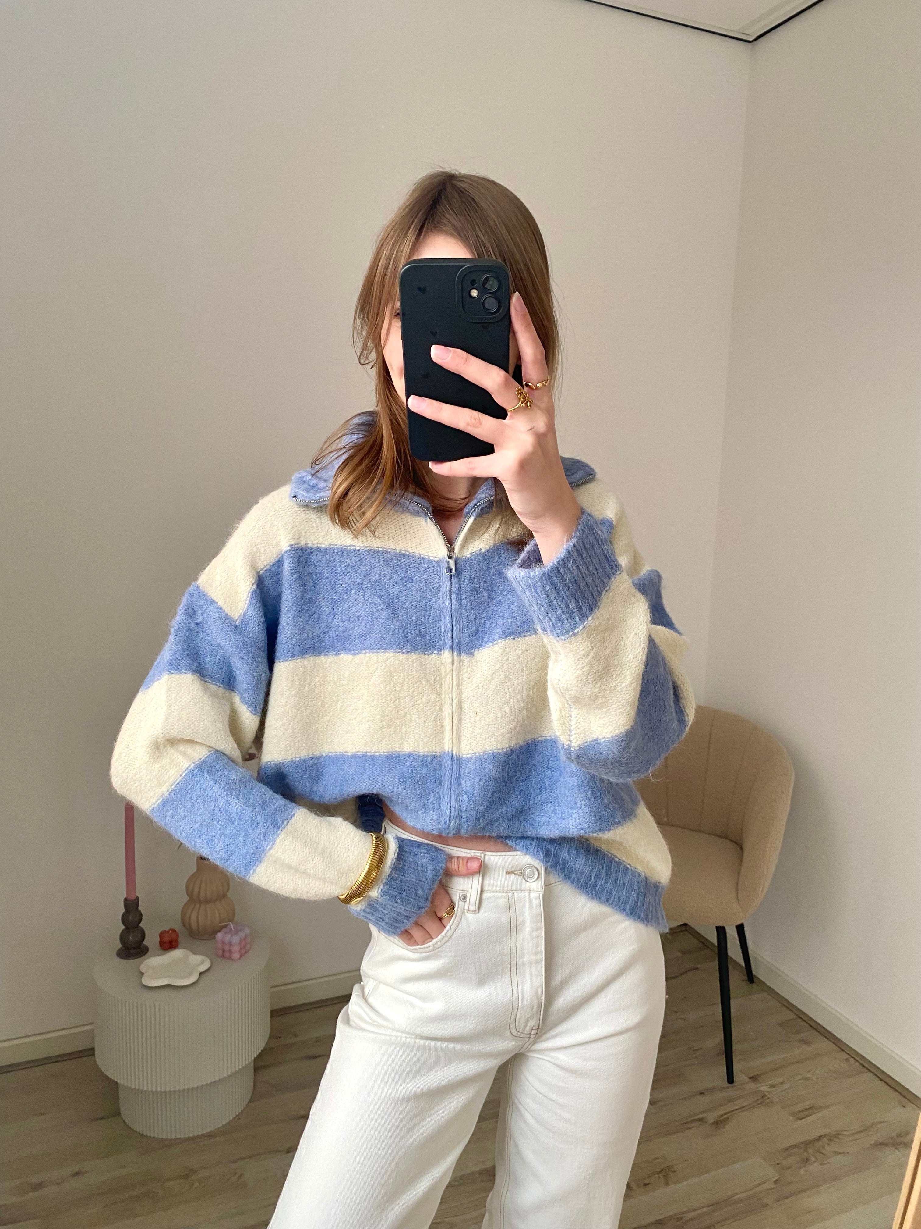 Oversized zipper trui met strepen en rits in het blauw met wit