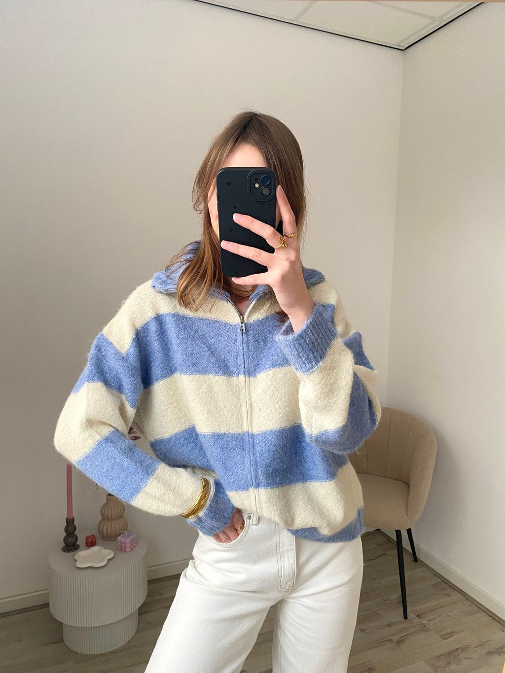 Oversized zipper trui met strepen en rits in het blauw met wit