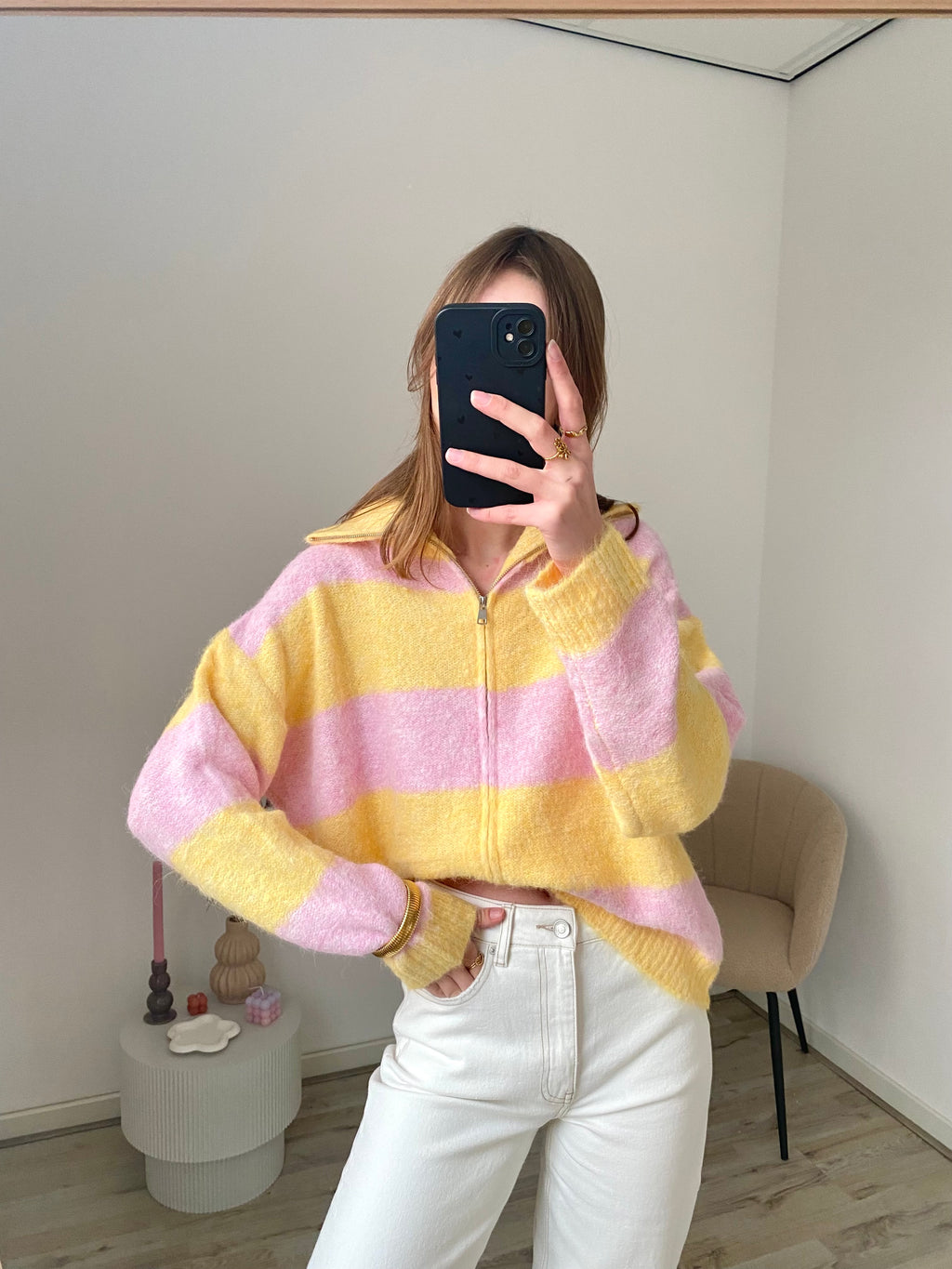 Oversized zipper trui met strepen en rits in het roze met geel