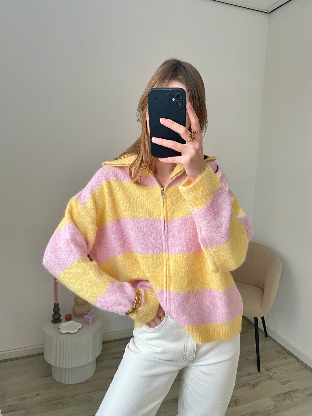 Oversized zipper trui met strepen en rits in het roze met geel