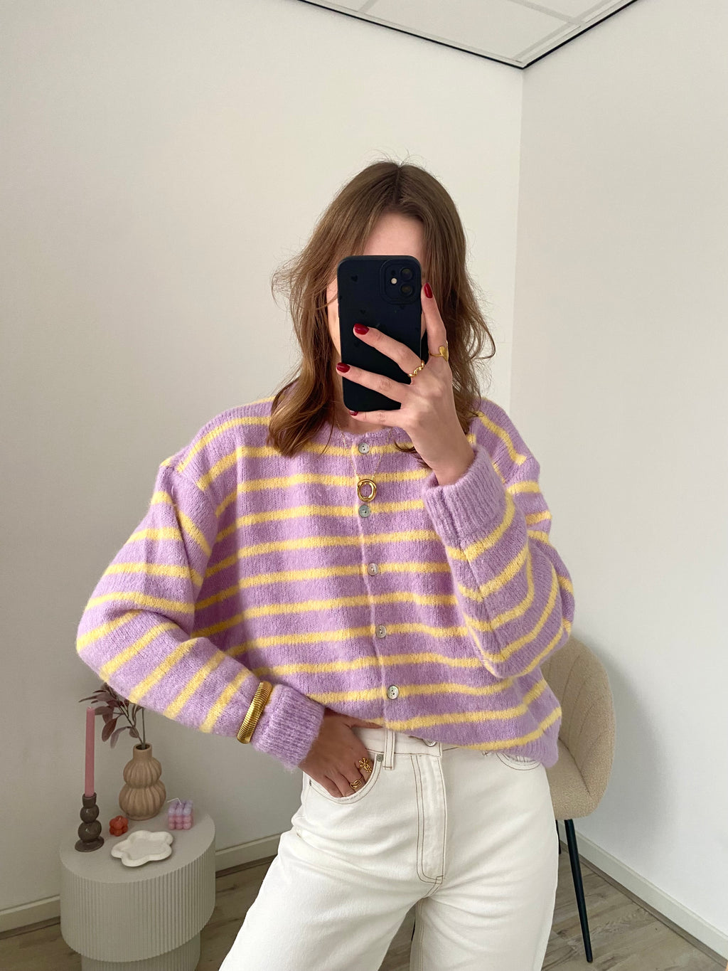 Cardigan vestje met lange mouw en strepen in lila met geel