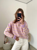 Cardigan vestje met lange mouw en strepen in lila met geel