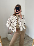 Polka dot blouse bomber jasje in het wit met bruine stippen