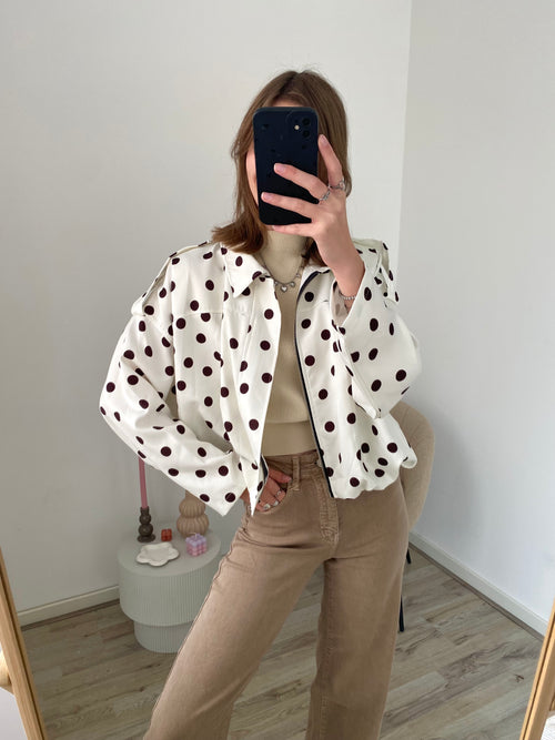 Polka dot blouse bomber jasje in het wit met bruine stippen