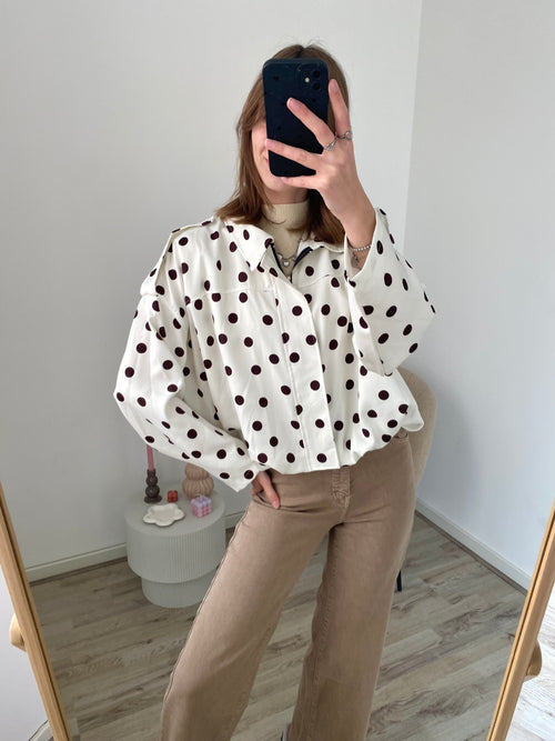 Polka dot blouse bomber jasje in het wit met bruine stippen