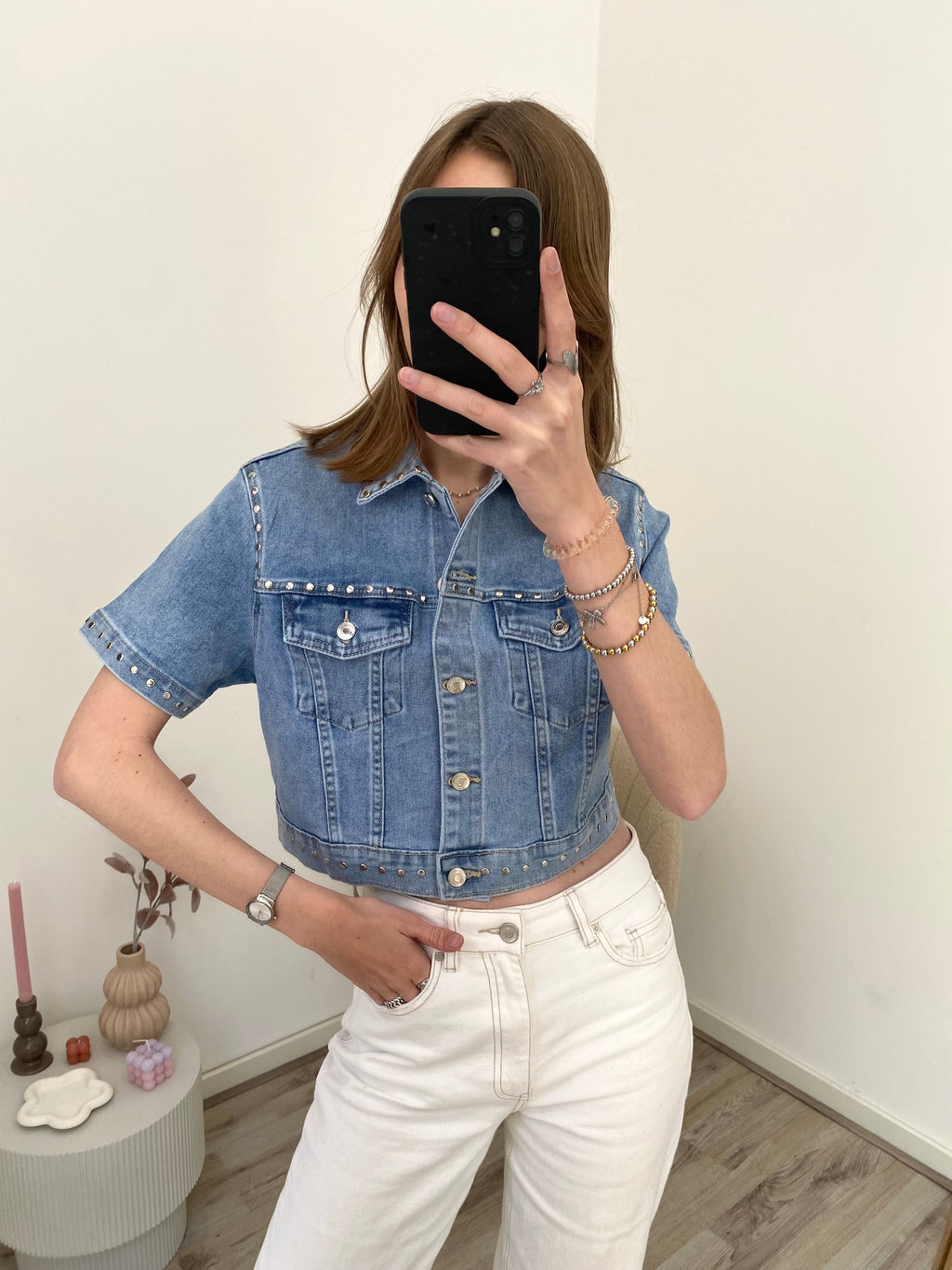 Denim top jasje met korte mouw en studs 